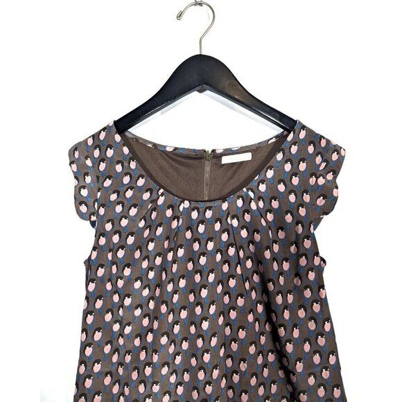Tulle Anthropologie Shift Dress Medium M Bird Print Taupe Brown Mini Kawaii Cute - Picture 2 of 8